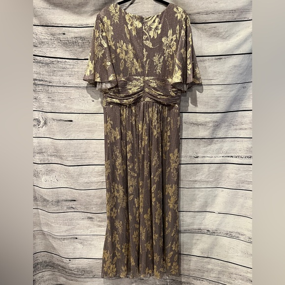 SLNY Fashions Mauve Gold Foil Floral A-Line Gown Faux Wrap Flutter Sleeve Dress - Picture 6 of 7